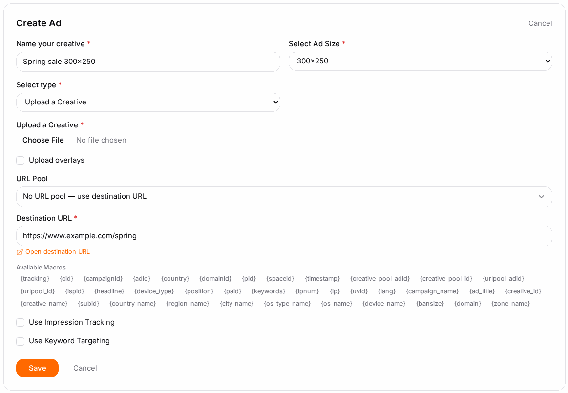 Adding a banner ad: destination URL, size, creative file, weight and optional per-ad bid.