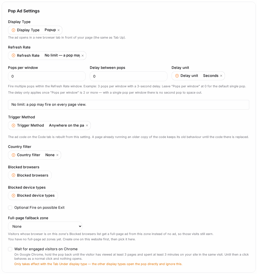 Each type exposes its own settings — here, a Pop's refresh timing and country filter.