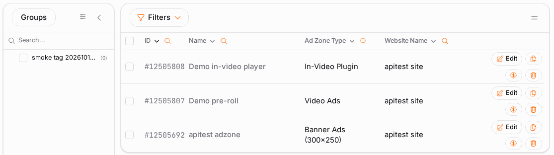 The zone list: toggle serving, expand parents to see child zones, filter by state to recover deleted ones.