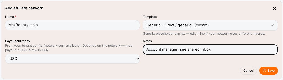 The four fields: name, template, payout currency, notes.