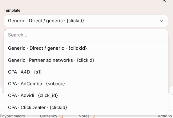 Search 55+ network templates; the pick sets the macro style.