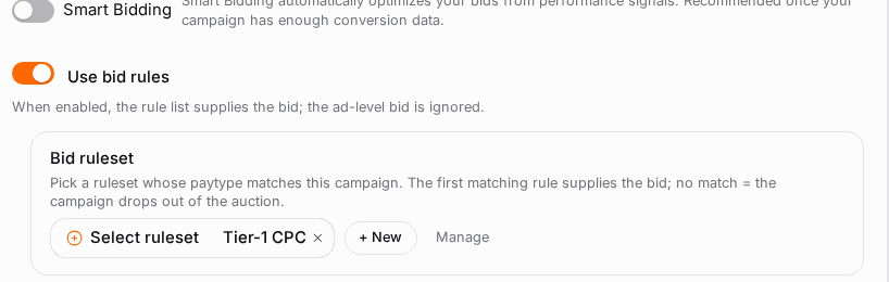 Attaching a ruleset: turn on Use bid rules, pick a matching-paytype ruleset; the ad-level bid is then disabled.