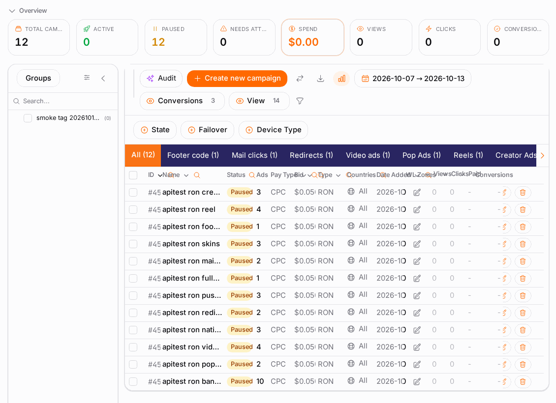 The Campaigns list — one row per campaign, with status, budget and quick performance columns.