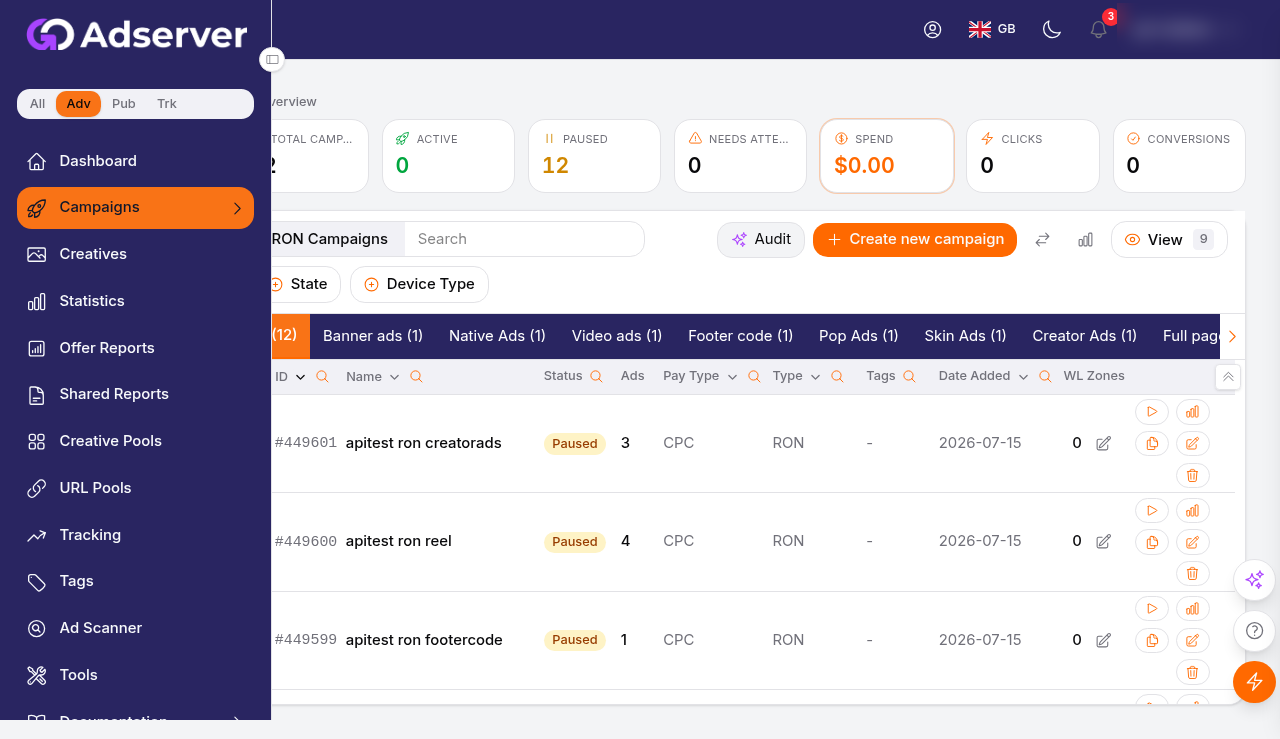 The Campaigns page: an overview strip of totals across the top, campaign-type tabs, and the campaign table with per-row actions.