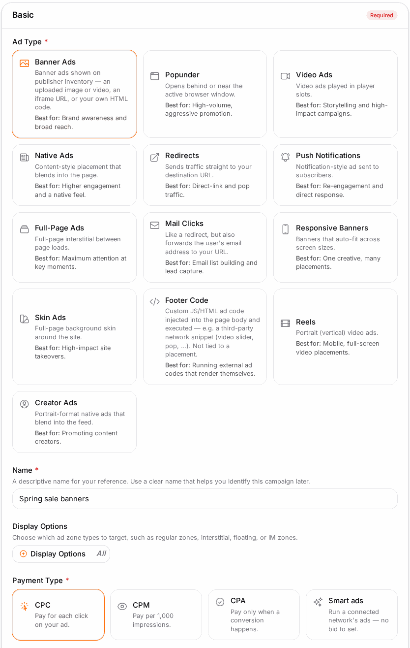 Step 1: the ad format and pay type decide what the rest of the wizard shows.