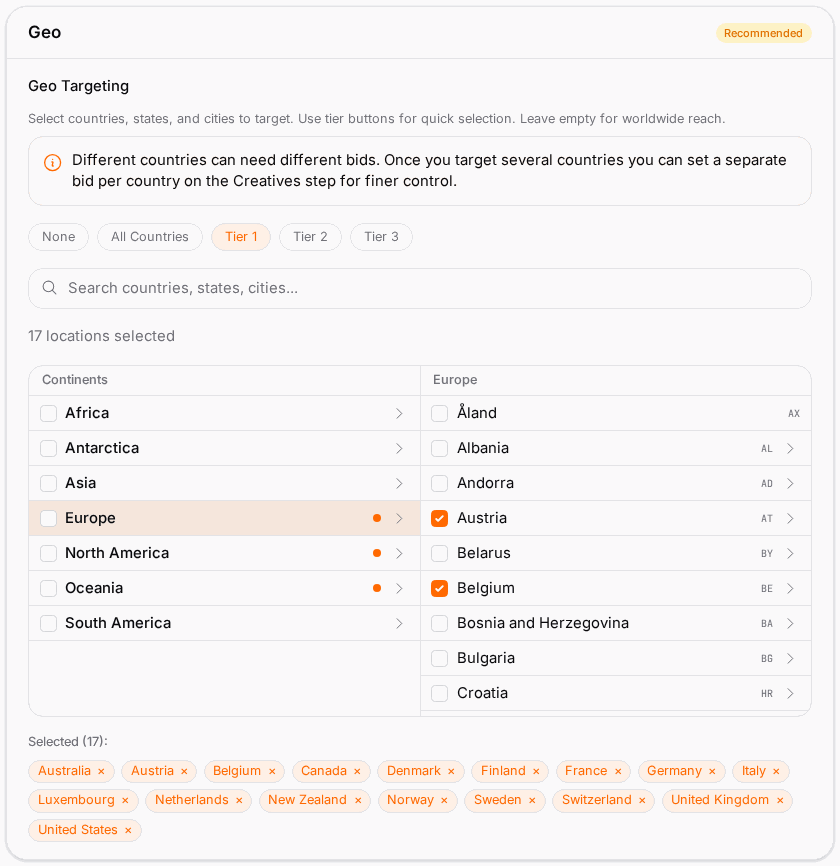 Step 3: target by tier, country, region or city. Leave empty for worldwide.