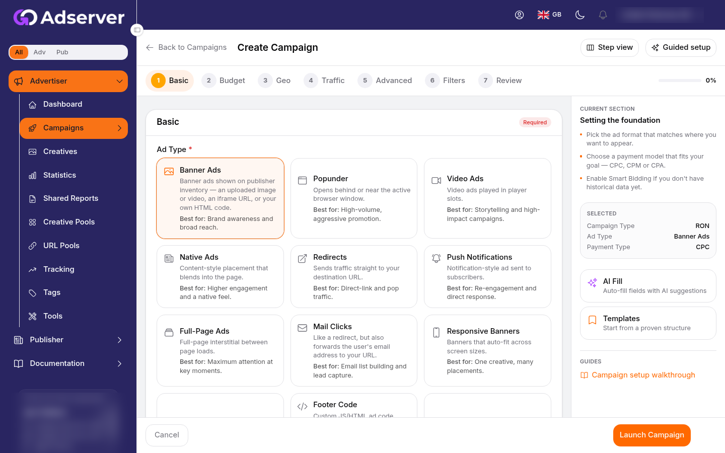 The Create Campaign wizard: pick an ad type, then step through budget, geo, traffic, advanced, filters and review.