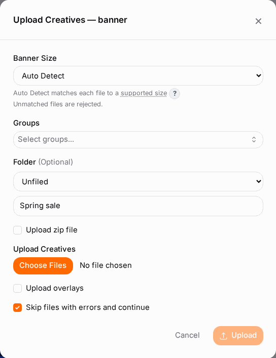 Filing an upload: pick an existing folder, type a new one, or let the ZIP name become the folder.