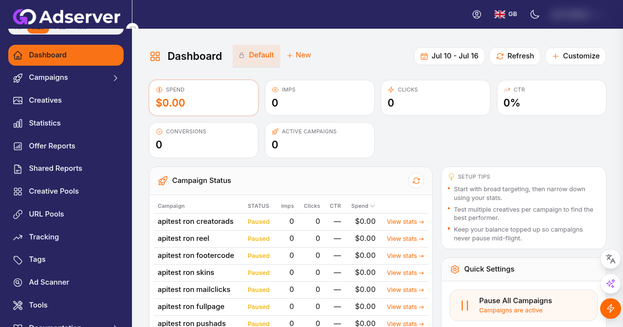 Your dashboard: summary tiles across the top, panels below, and the date range and Customize controls up top.