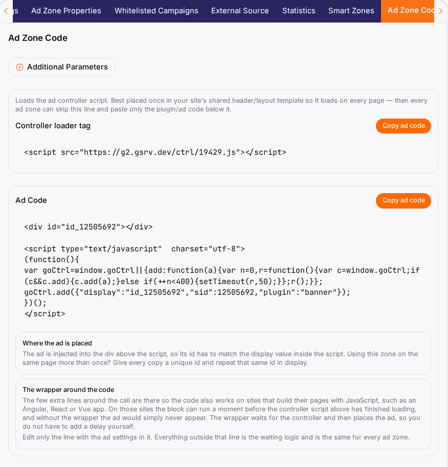 The Ad Zone Code tab: pick a format, tweak parameters, and copy.