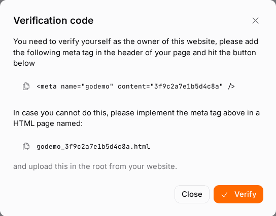 Add the meta tag or the file, then click Verify.