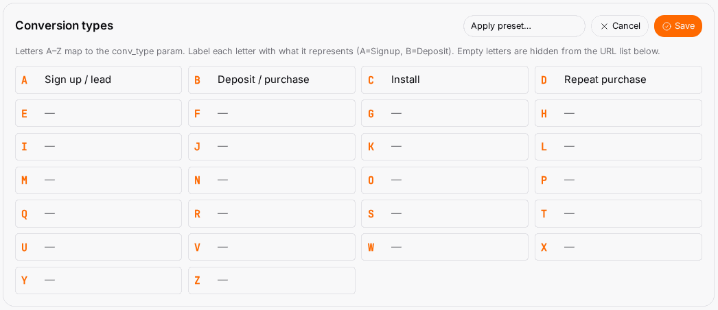 Label the conversion types you use.