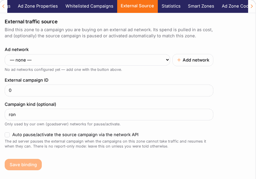 Connect the ad zone to the campaign at the network.