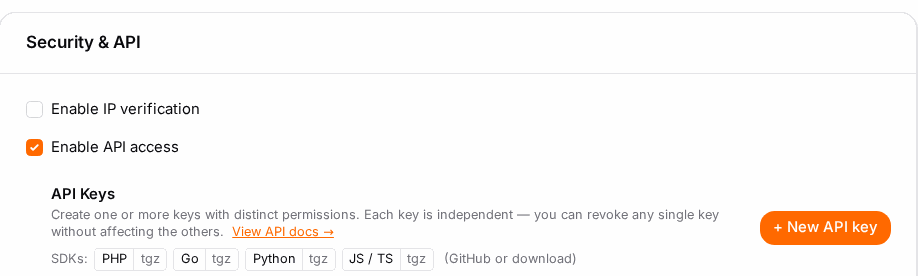 Tick Enable API access and save — the key list appears underneath.