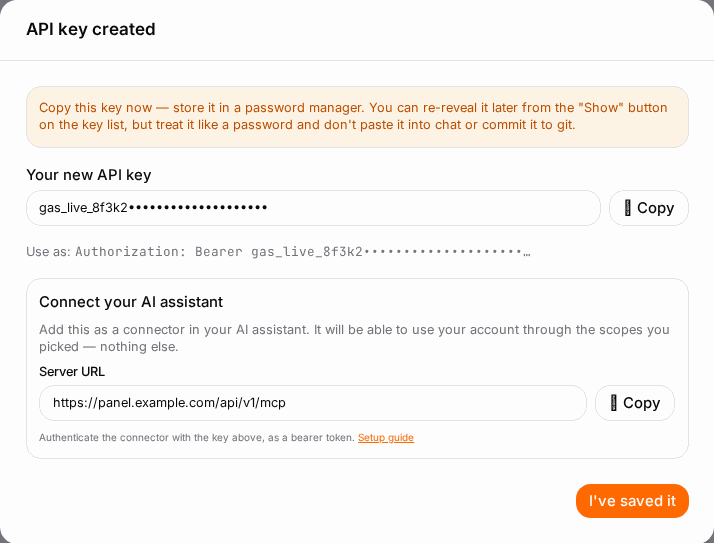 Copy the key and the Server URL into your assistant.