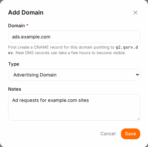 Enter the bare subdomain and keep the type on Advertising Domain.