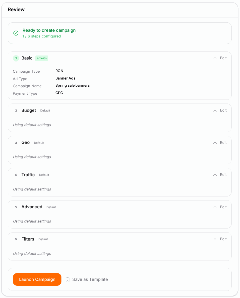 The Review step lists anything that would limit delivery.