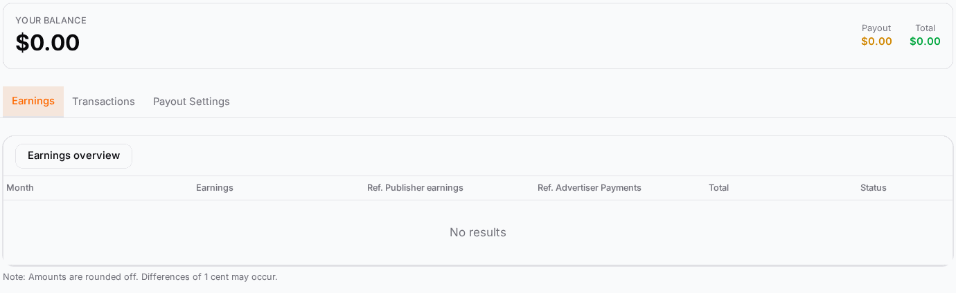 Your balance and earnings per month, pending or paid.