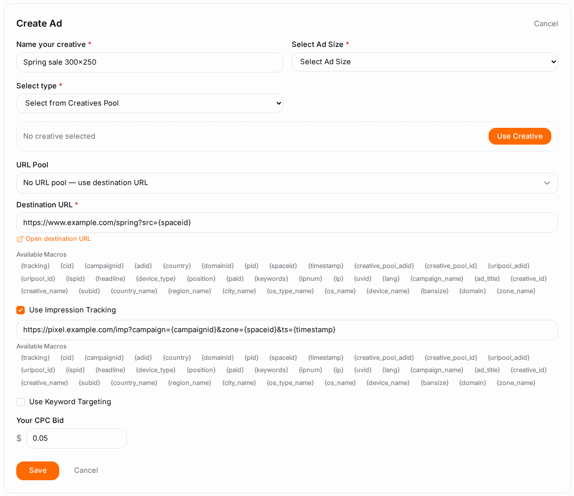 Tick Use Impression Tracking and paste your pixel URL.