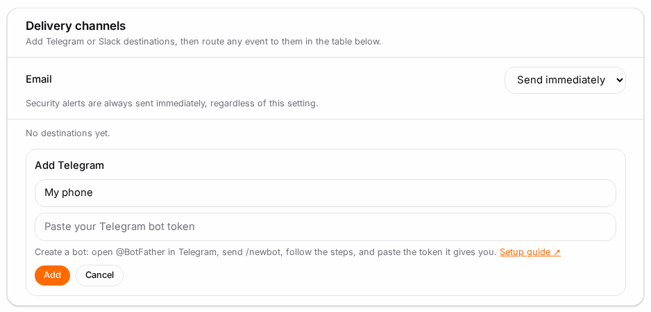 Add the bot, then Test it before routing events.