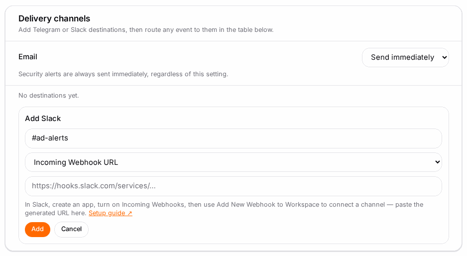 Paste the Slack webhook URL, then Test it.