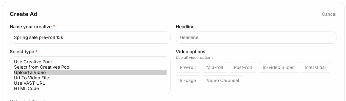 Choose the video source for the ad.