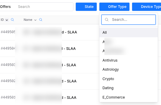 The offer-type filter dropdown listing the available verticals.