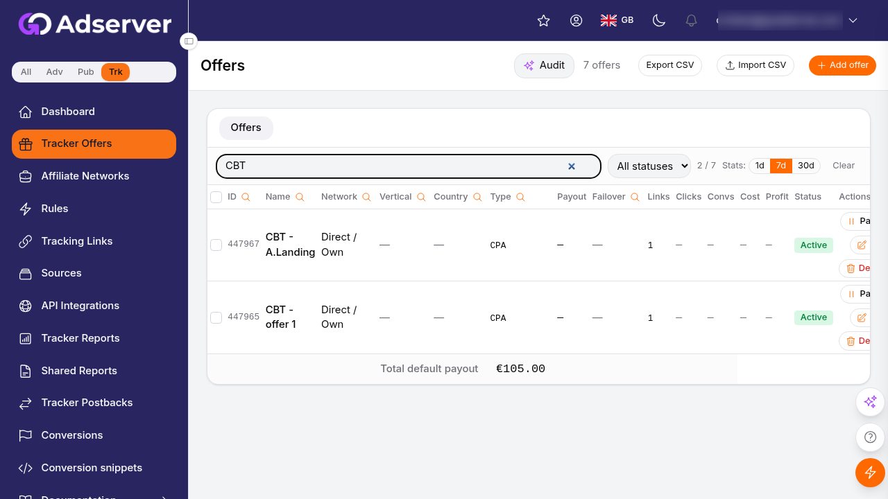 The Offers list with search, network/category filters, and payout + country columns.