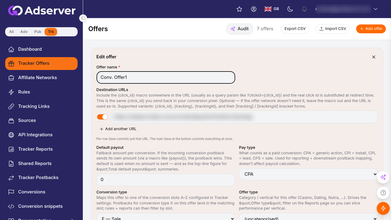 A single offer's details: payout, pay type, conversion type, offer type and destination.