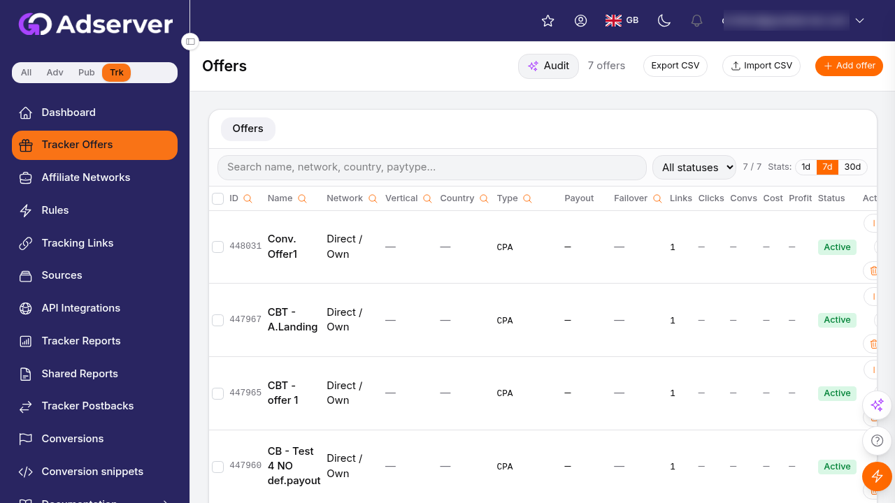 The Offers page: a searchable, filterable list of available offers showing each offer's pay type, payout and status.