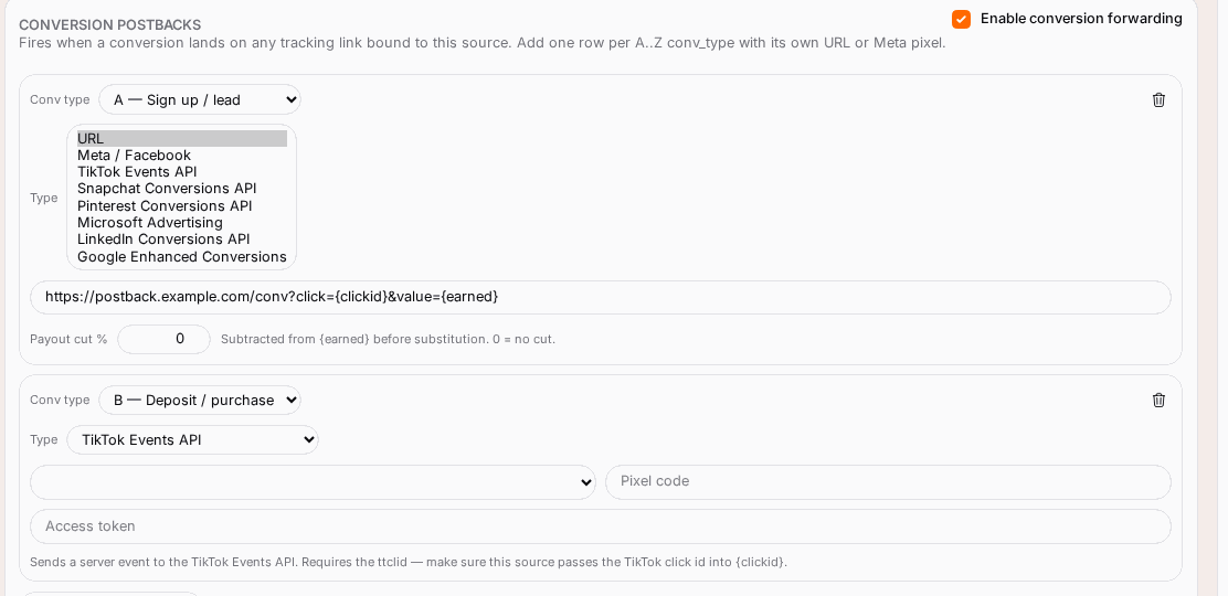 One destination per conversion type per source; fires automatically.