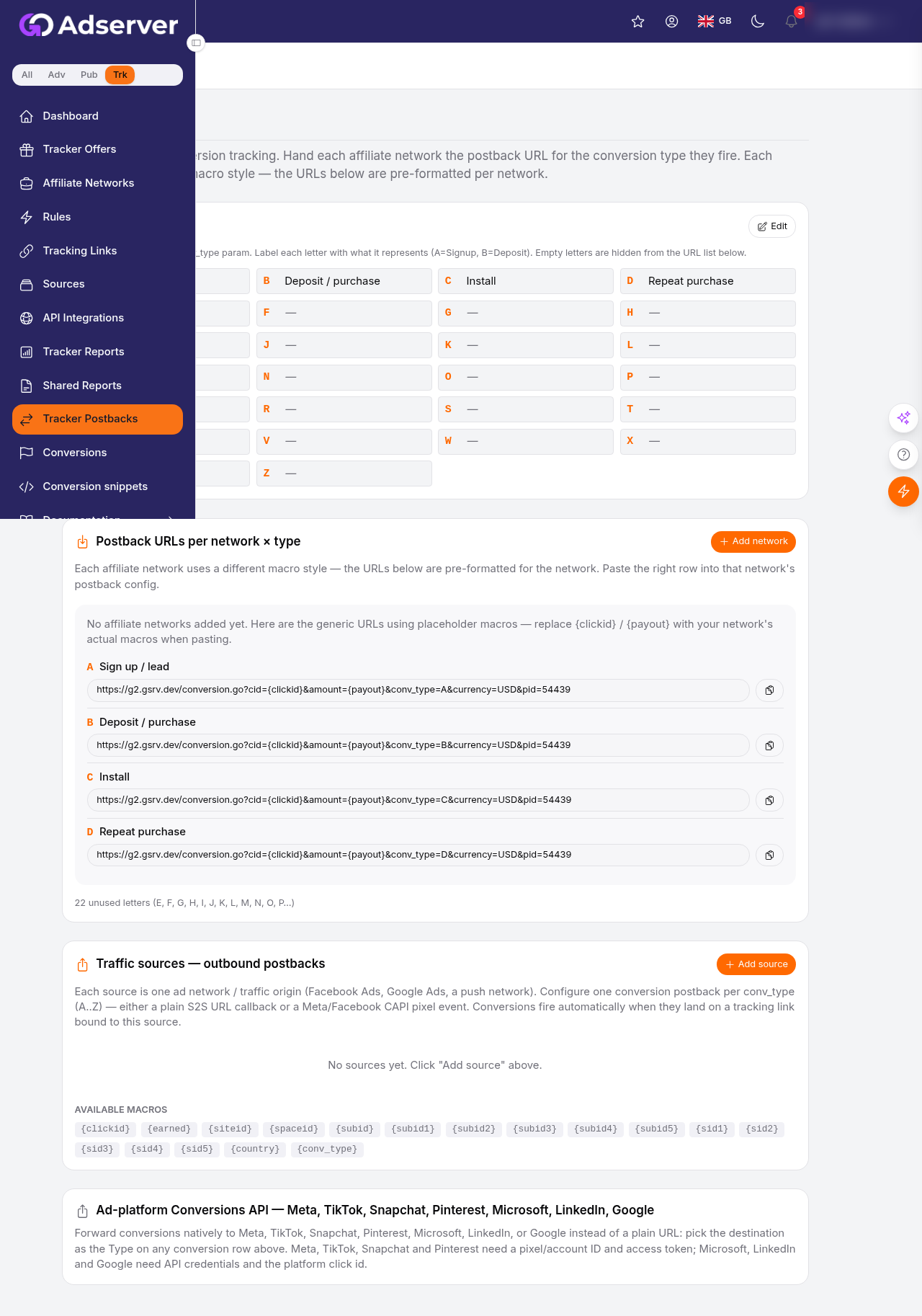 The Postbacks page: inbound postback URLs per network and conversion type, the outbound-macro reference, and the ad-platform Conversions API destinations.