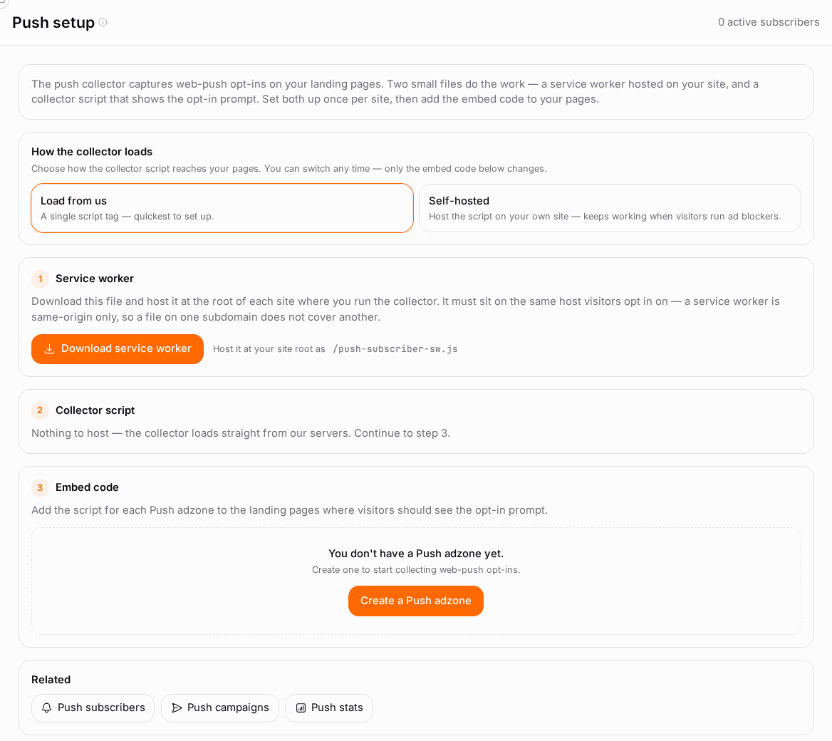 Two files: a service worker at your site root and a collector script on your pages.
