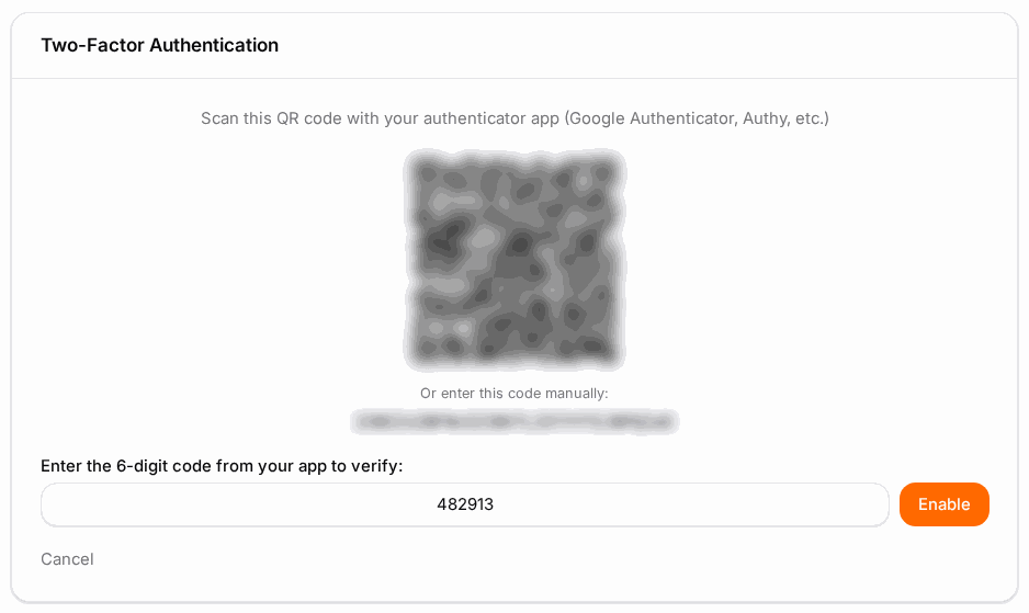Scan the QR code with your authenticator app, then enter the code it shows.