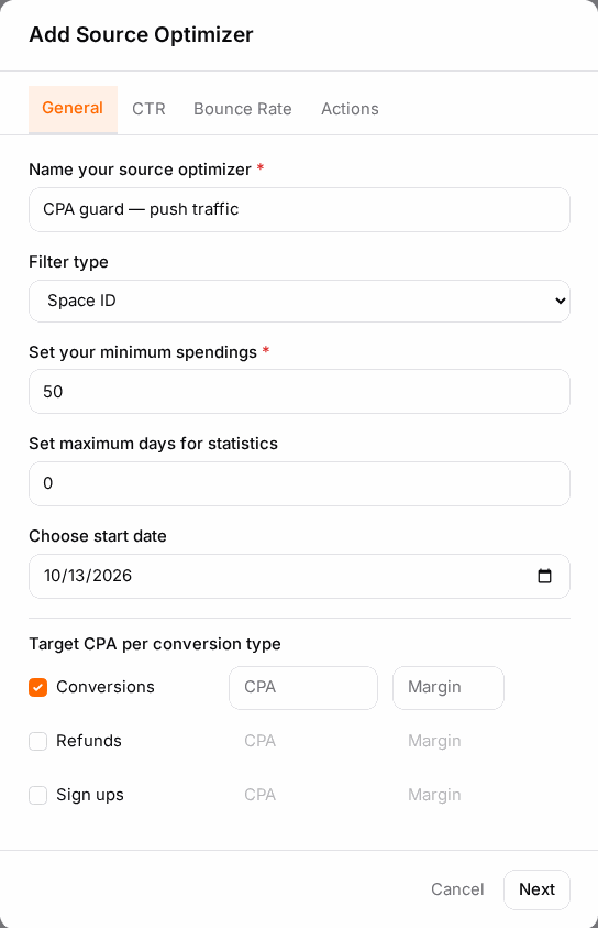 A CPA optimizer: pick the dimension, the spend floor, and a target CPA per conversion type.