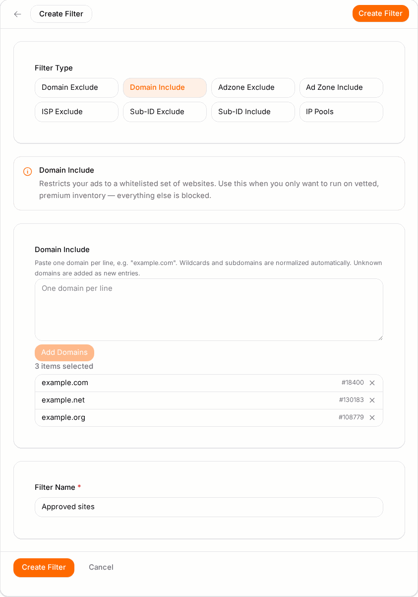 Building a saved filter: pick a type, then paste your list in bulk.