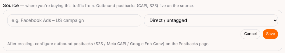 Pick an existing source or add one inline.