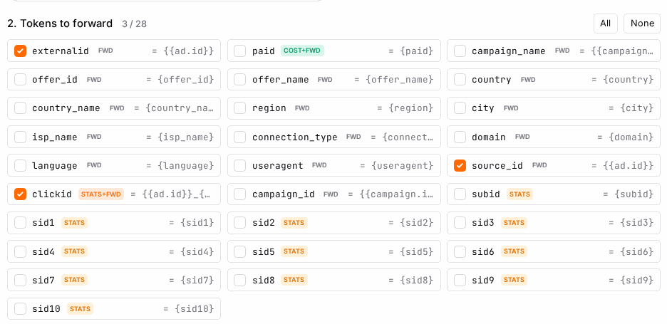 Toggle only the tokens you need — three are on by default.
