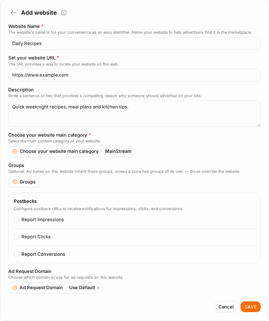 Adding a website: give it a name and your full https:// URL.