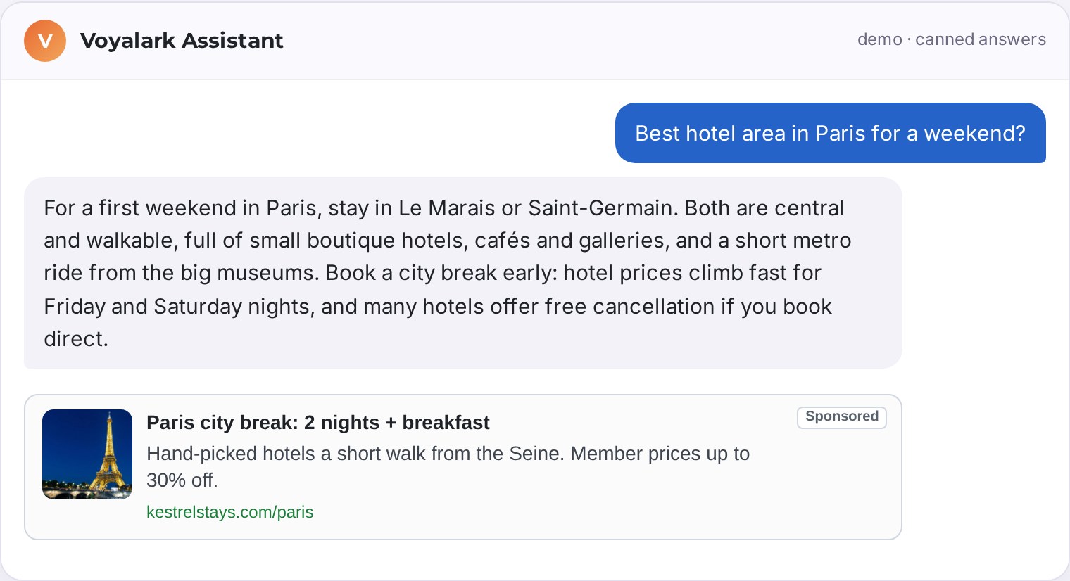 AI chat ads: a Sponsored ad card under an AI assistant answer
