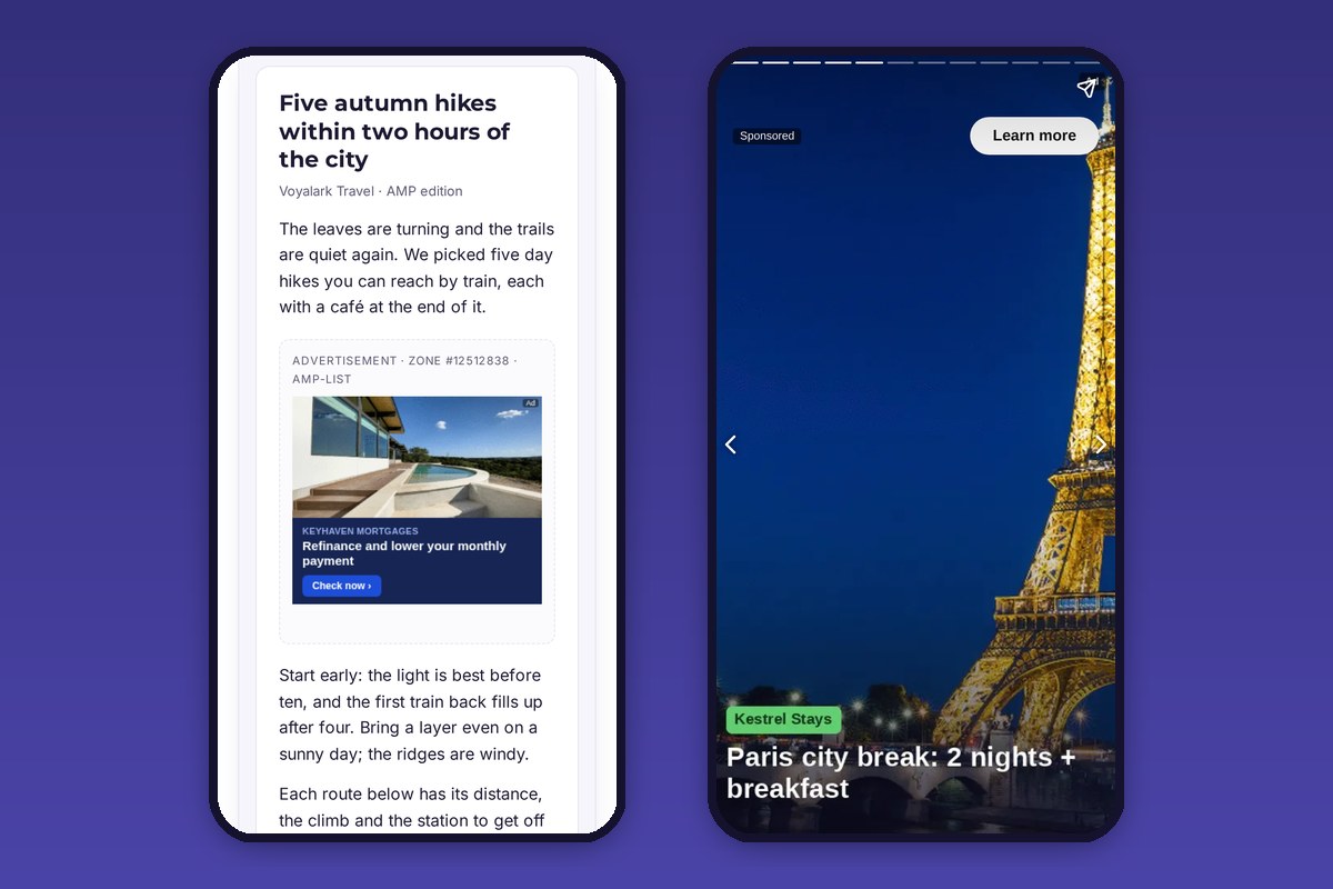 An ad on an AMP article and a full-screen sponsored page in a Web Story
