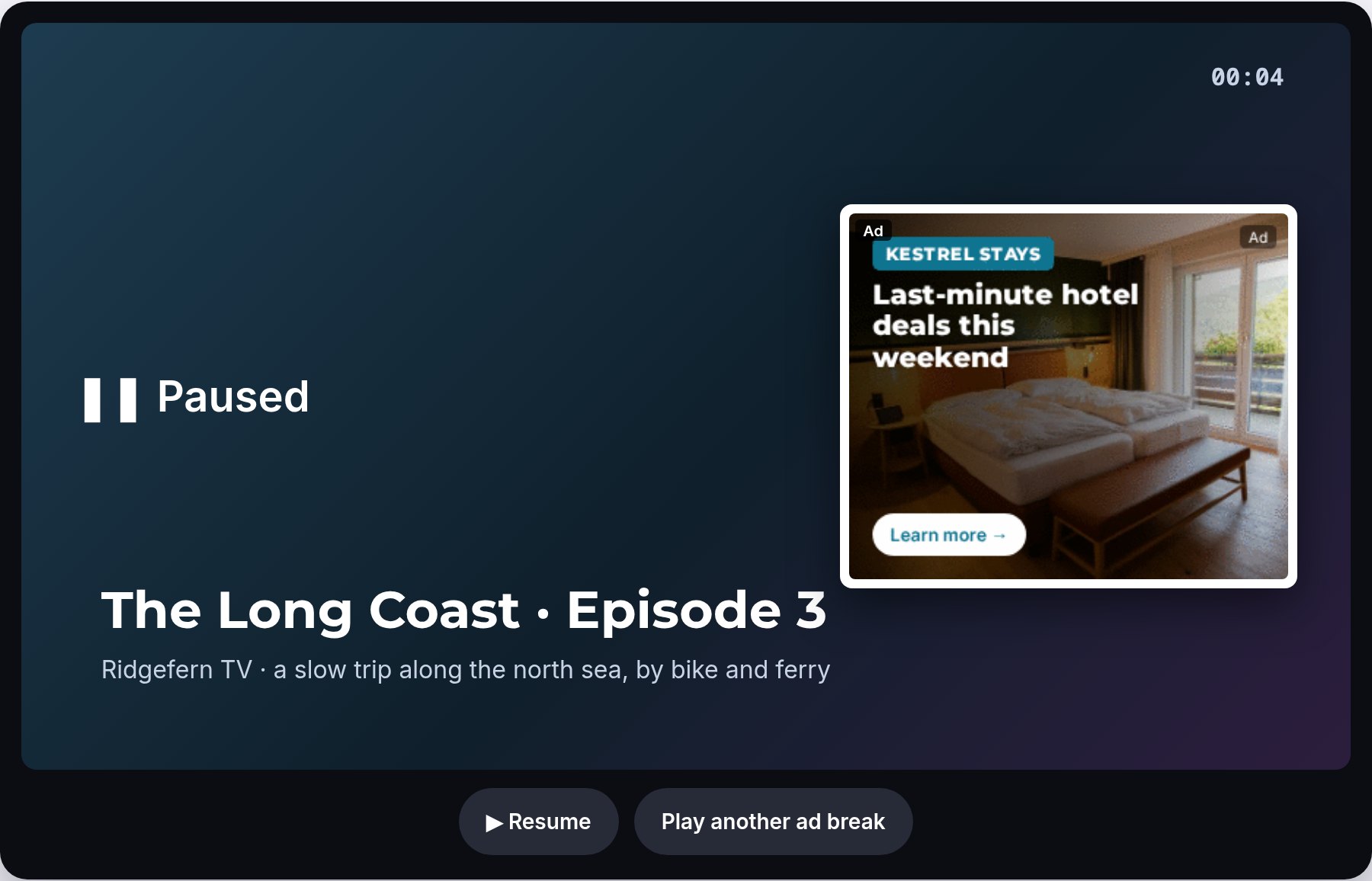 A TV app player showing a pause ad next to the paused show