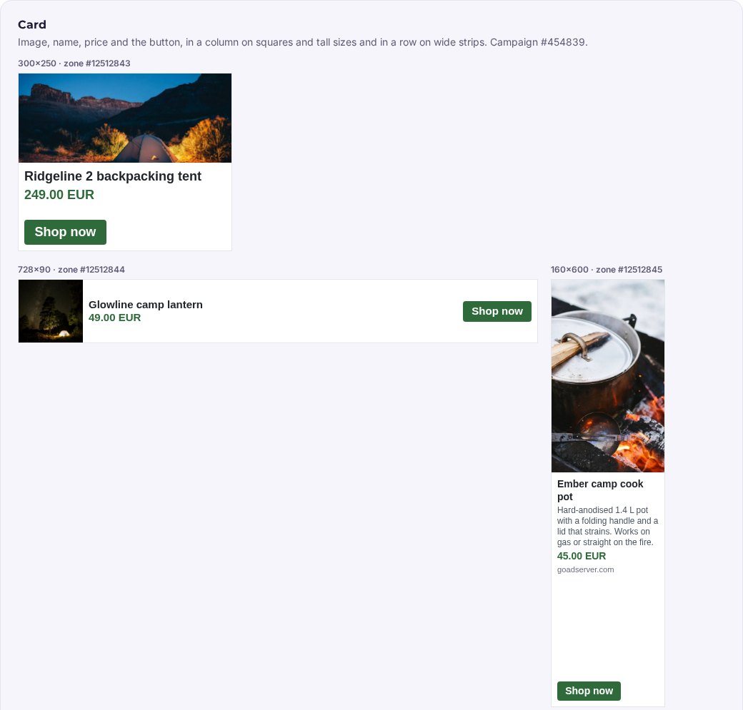 Product banners drawn from a product feed in three sizes