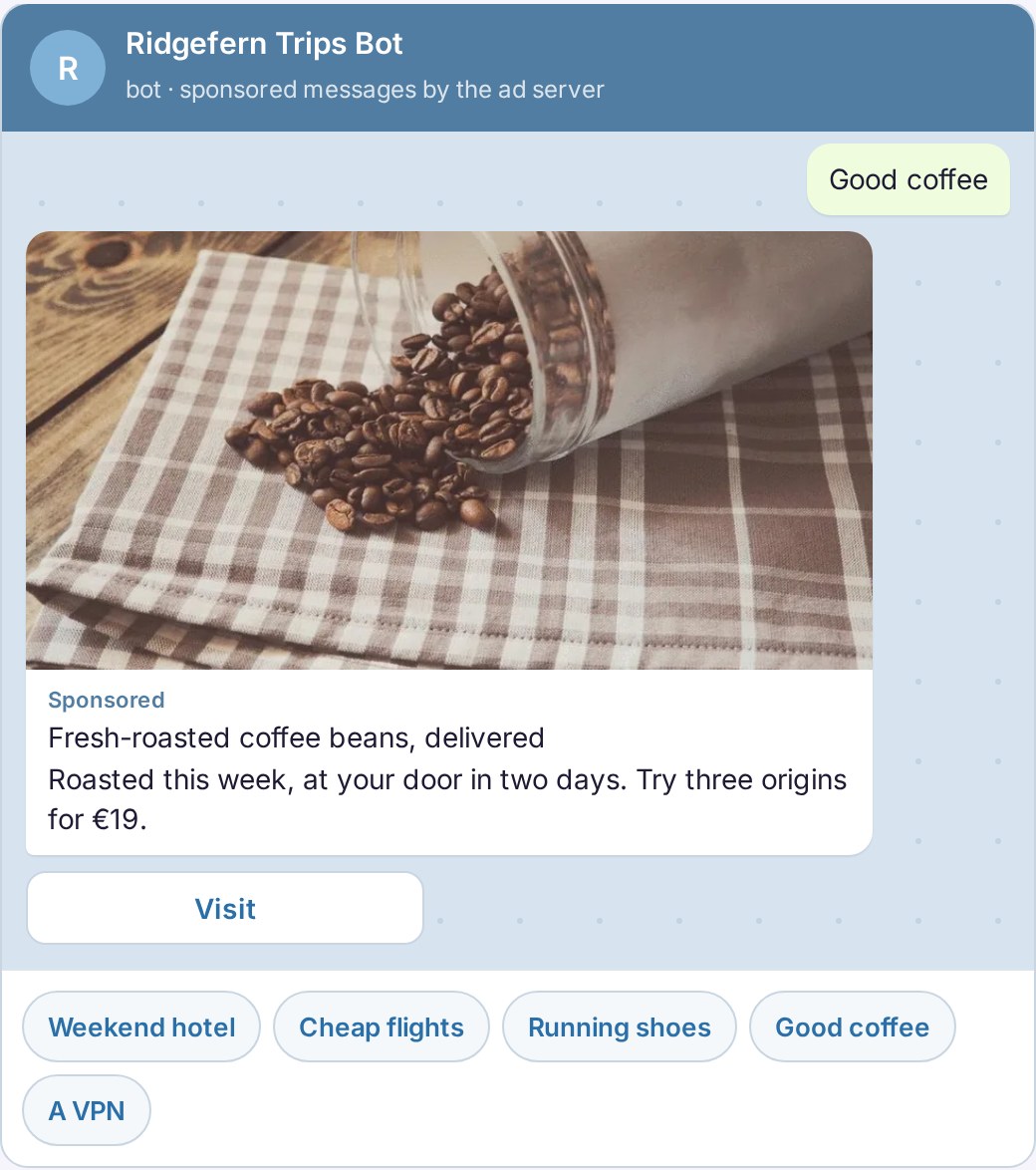 A Telegram-style chat with a sponsored message and its button, posted by a bot