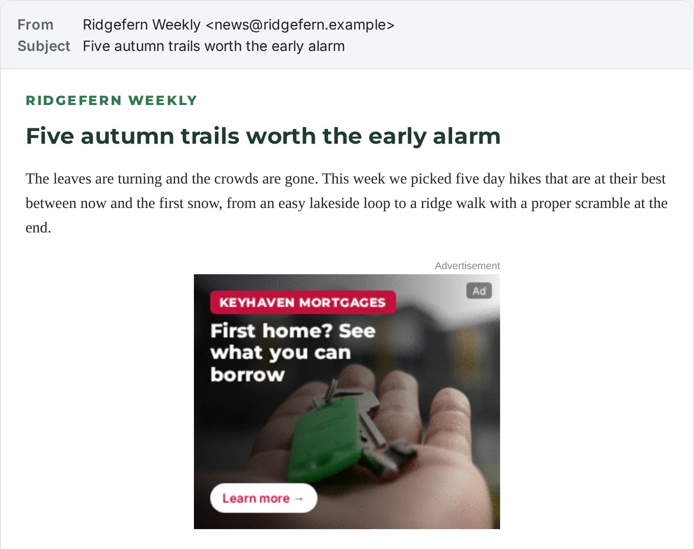 A newsletter with a banner ad slot between the stories, picked when the email is opened