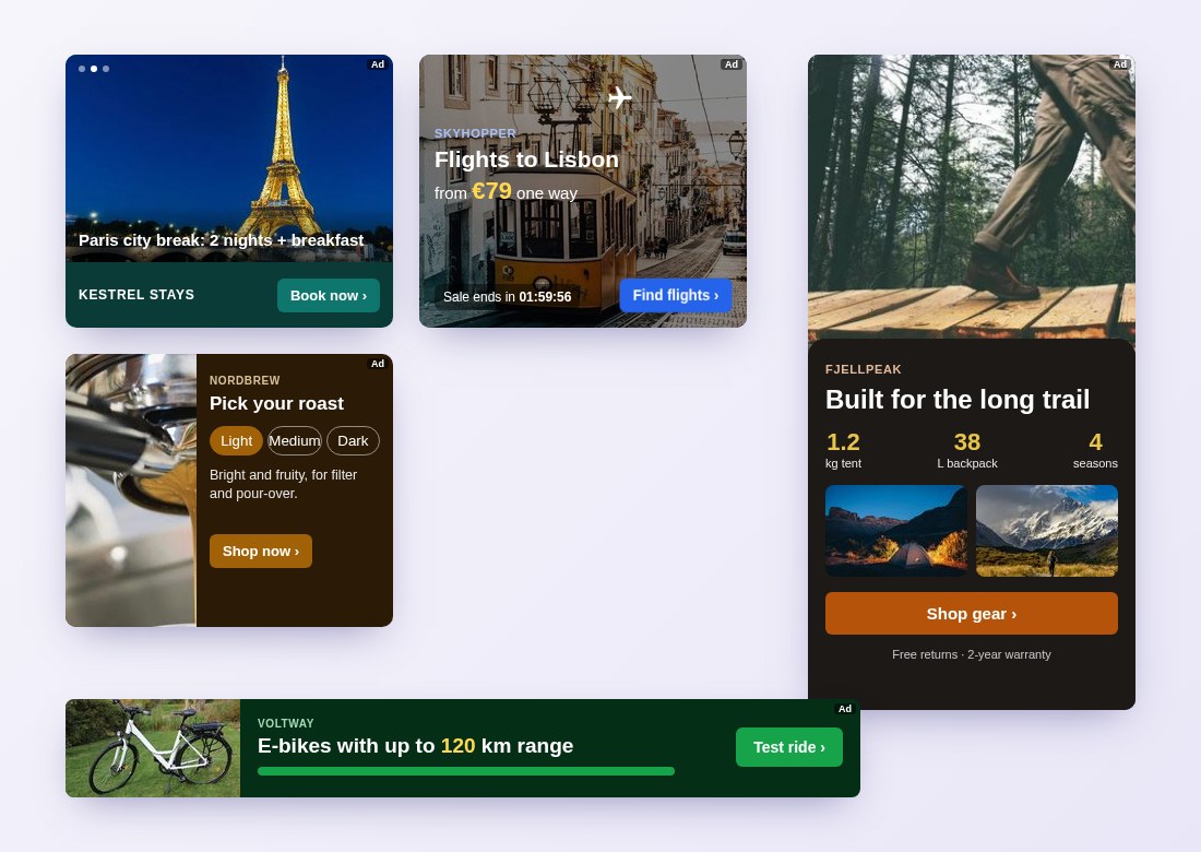 Five HTML5 rich media banners: a photo carousel, a fare countdown, an interactive picker, a half-page and a leaderboard