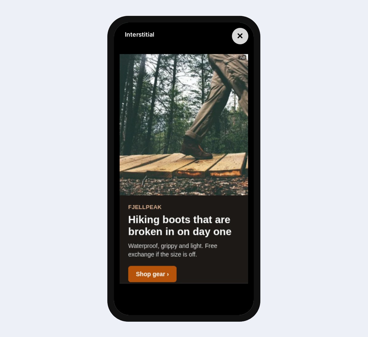 In-app ads: a full-screen interstitial ad shown in a mobile app
