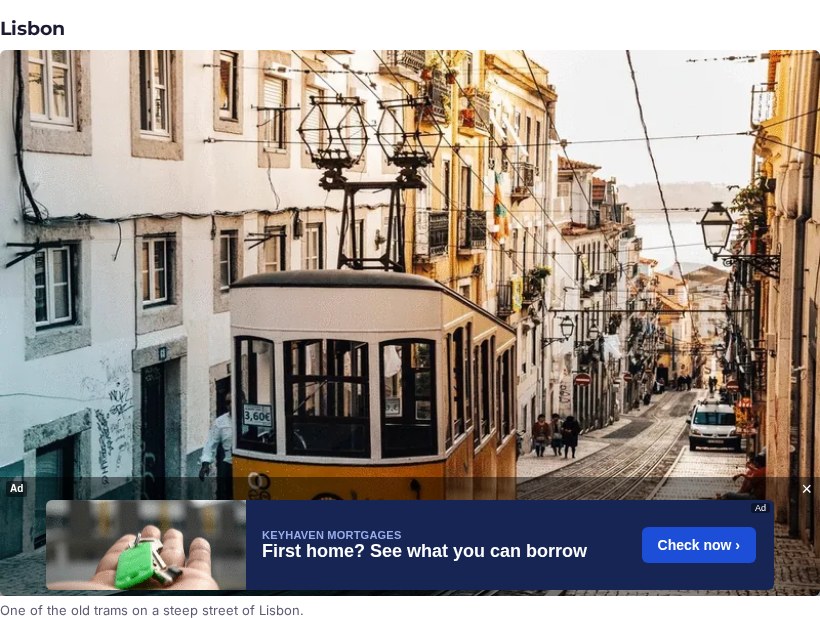 A banner in a strip over the bottom of a travel photo of a Lisbon tram