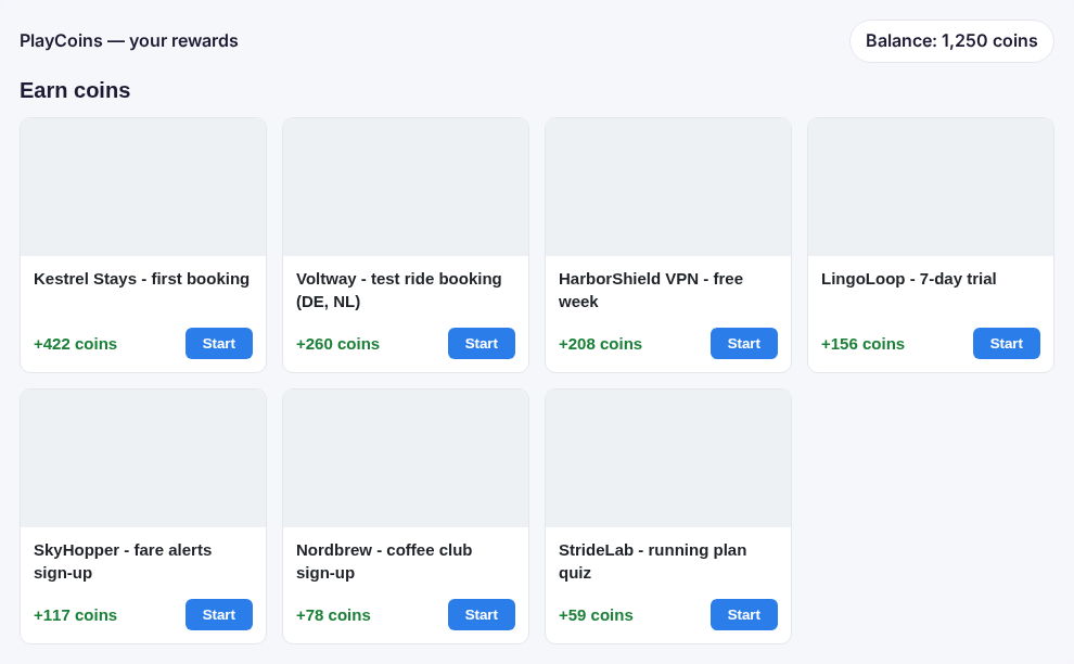 An offerwall with offers sorted by reward in coins, each with a Start button