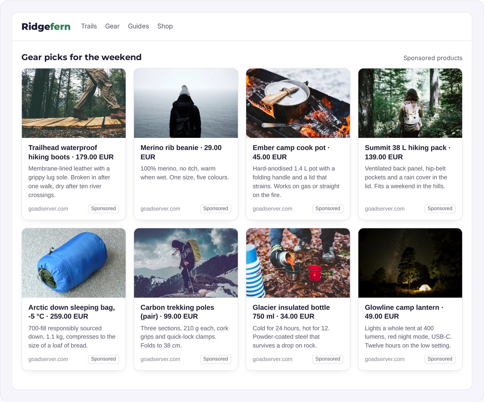 Native product cards with photo, name and price, created from a shop's product feed